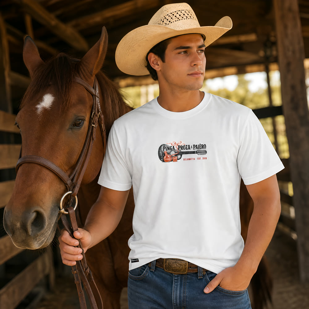 Homem de chapéu vestindo a camiseta off-white Pinga Proza Paiero ao lado do cavalo